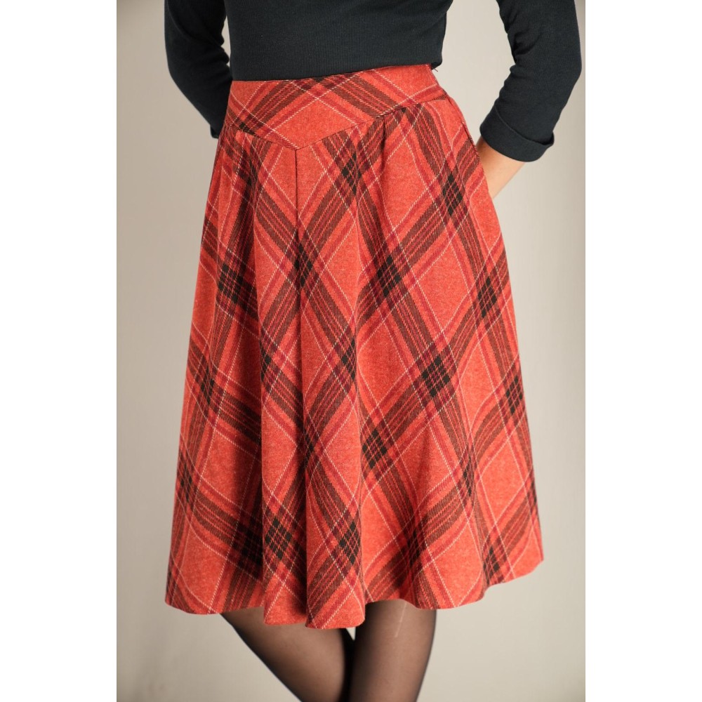 Red Plaid A-Line Midi Skirt Soft Vintage Swing