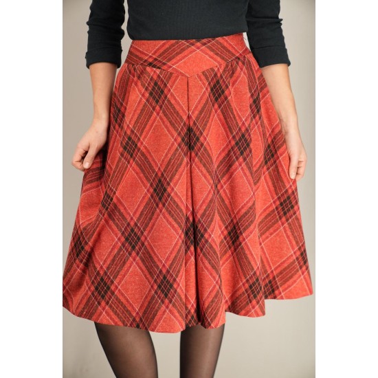 Red Plaid A-Line Midi Skirt Soft Vintage Swing
