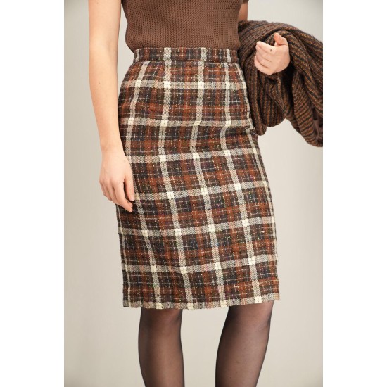 Brown Check Tweed Pencil Skirt Classic Tailored Elegance