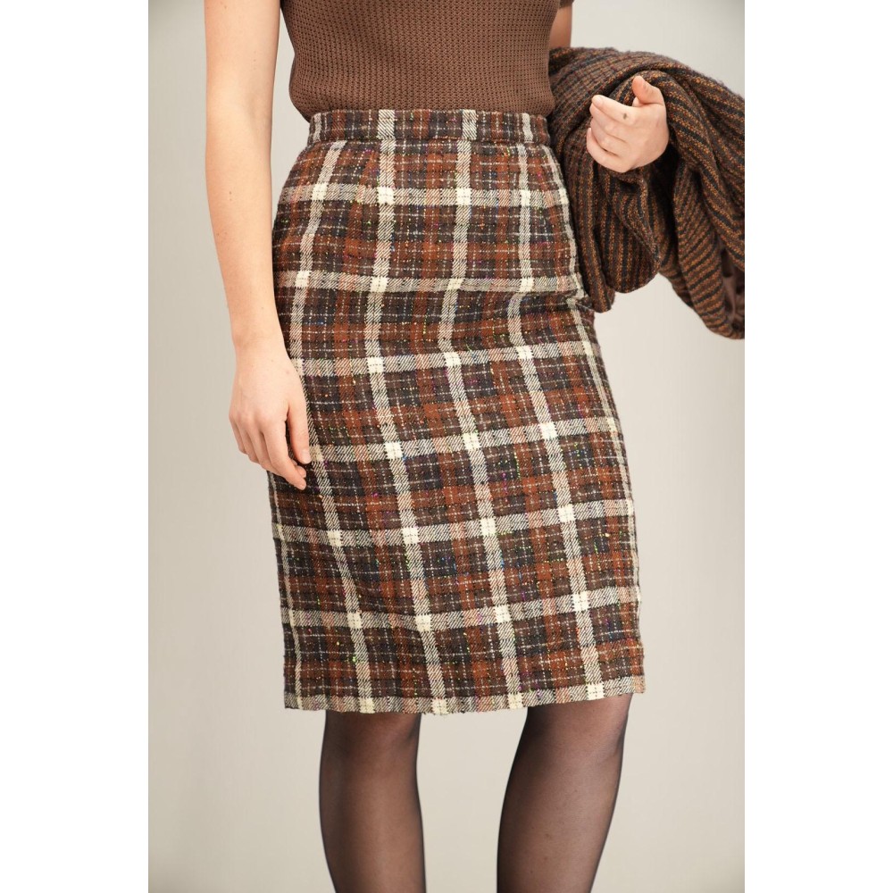 Brown Check Tweed Pencil Skirt Classic Tailored Elegance