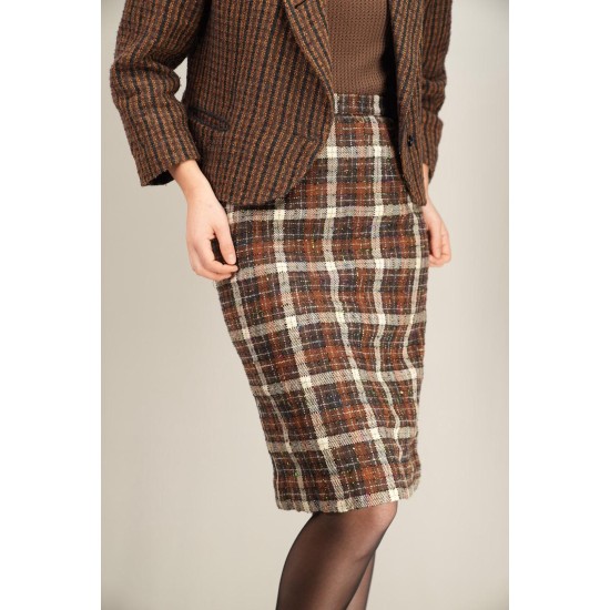 Brown Check Tweed Pencil Skirt Classic Tailored Elegance