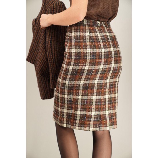Brown Check Tweed Pencil Skirt Classic Tailored Elegance