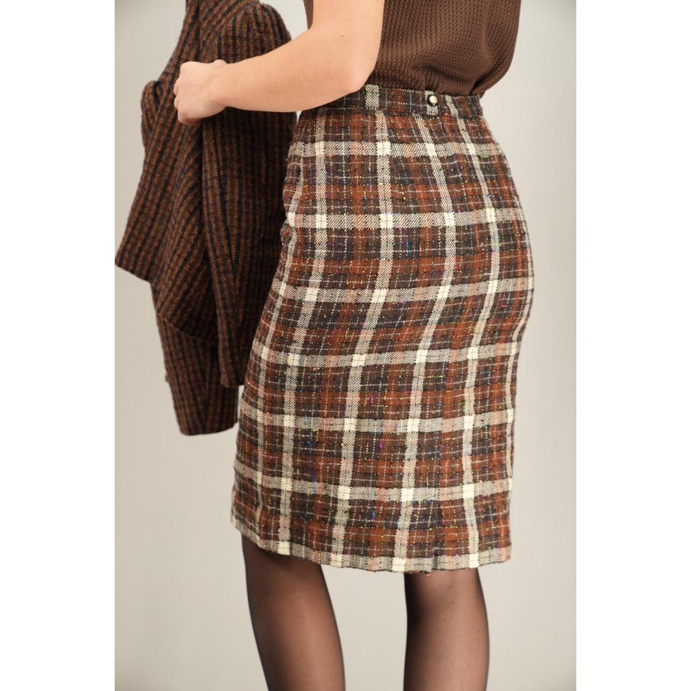 Brown Check Tweed Pencil Skirt Classic Tailored Elegance
