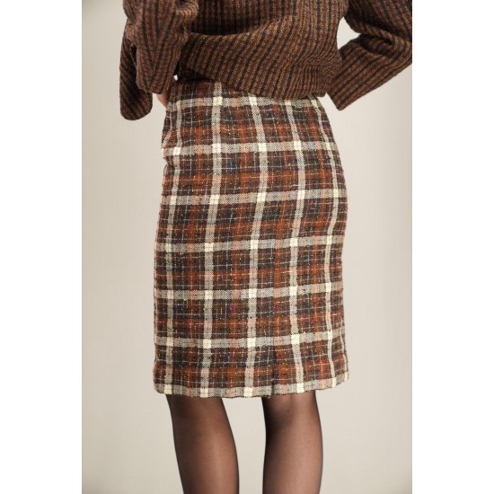 Brown Check Tweed Pencil Skirt Classic Tailored Elegance