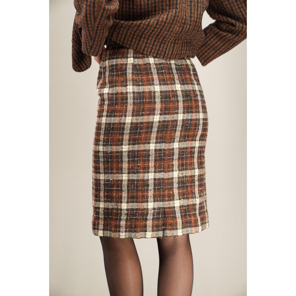 Brown Check Tweed Pencil Skirt Classic Tailored Elegance