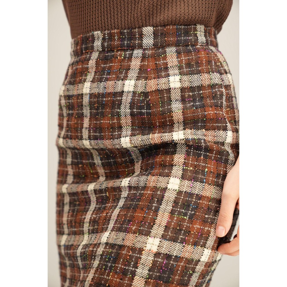 Brown Check Tweed Pencil Skirt Classic Tailored Elegance