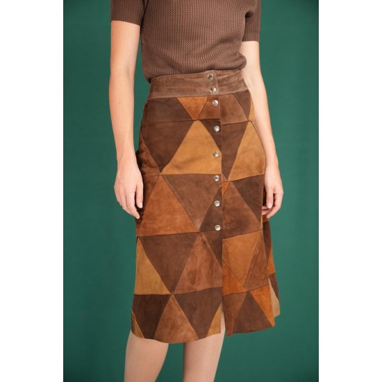 Vintage Geometric Patchwork Midi Skirt Suede-Effect A-Line