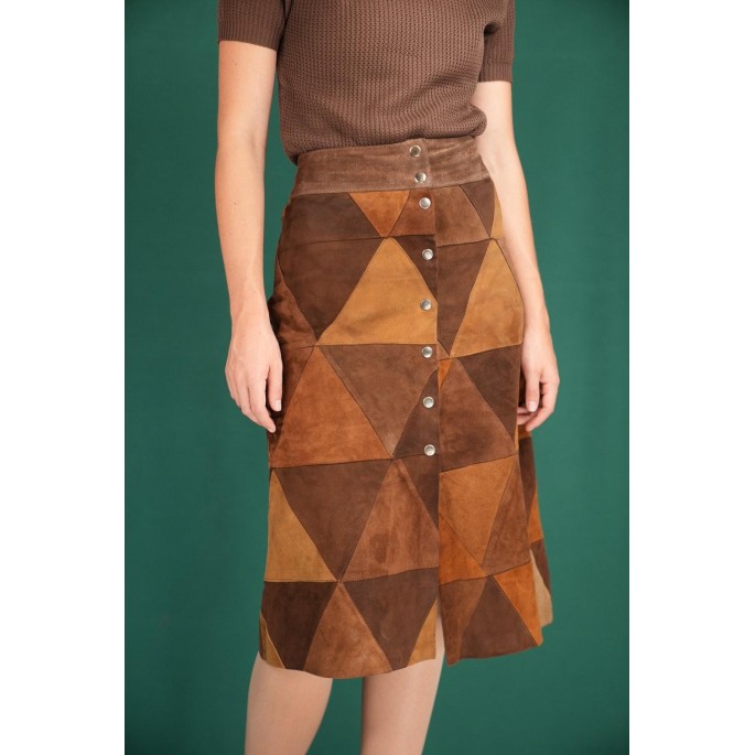 Vintage Geometric Patchwork Midi Skirt Suede-Effect A-Line