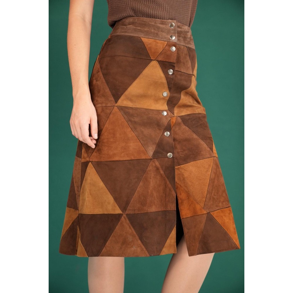 Vintage Geometric Patchwork Midi Skirt Suede-Effect A-Line