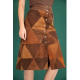 Vintage Geometric Patchwork Midi Skirt Suede-Effect A-Line