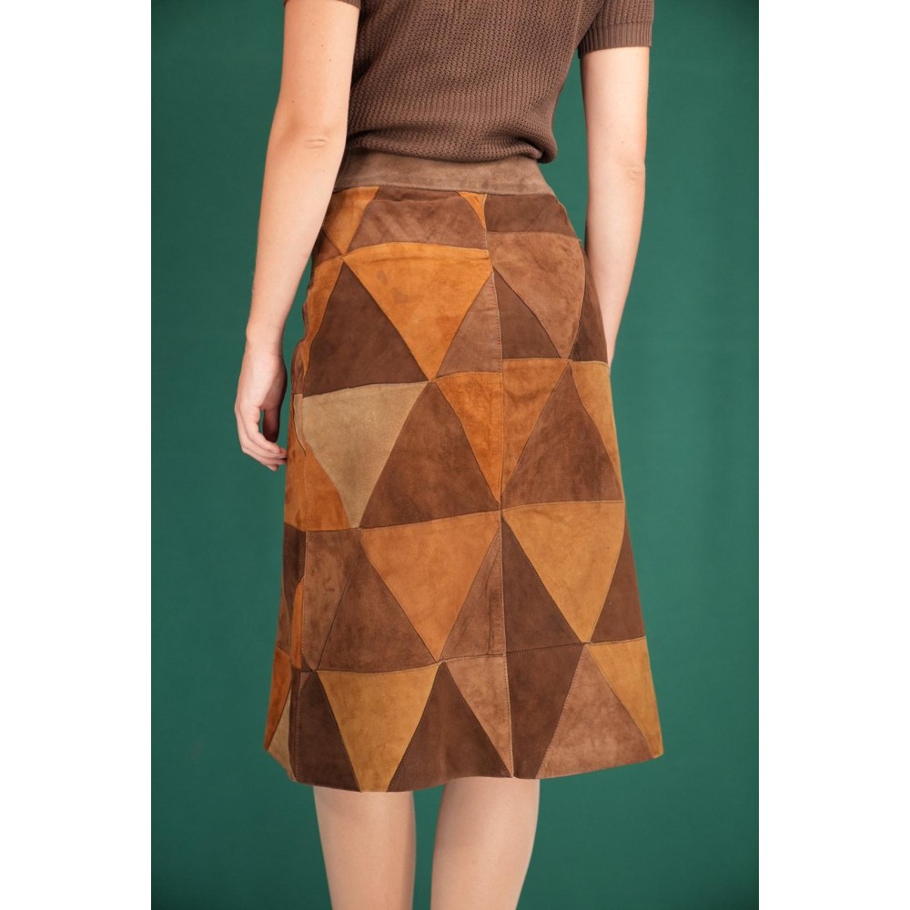 Vintage Geometric Patchwork Midi Skirt Suede-Effect A-Line