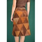Vintage Geometric Patchwork Midi Skirt Suede-Effect A-Line