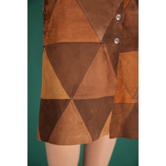 Vintage Geometric Patchwork Midi Skirt Suede-Effect A-Line