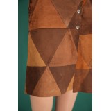 Vintage Geometric Patchwork Midi Skirt Suede-Effect A-Line