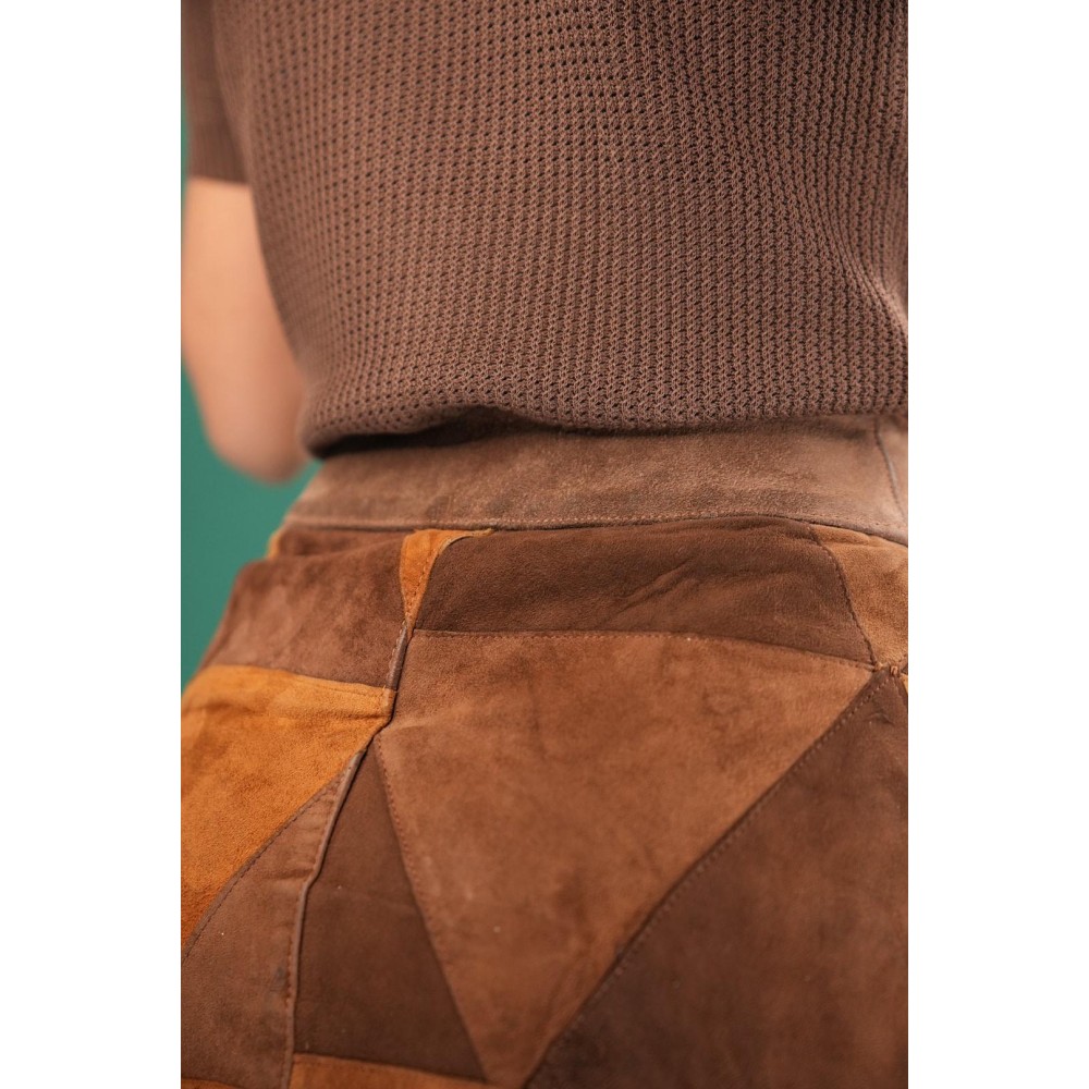 Vintage Geometric Patchwork Midi Skirt Suede-Effect A-Line