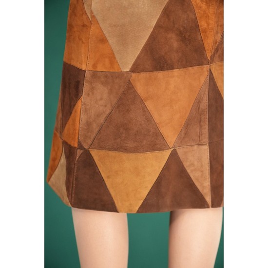 Vintage Geometric Patchwork Midi Skirt Suede-Effect A-Line