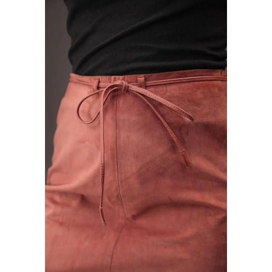 Rose Brown Suede Midi Skirt Minimal Tie-Waist Elegance