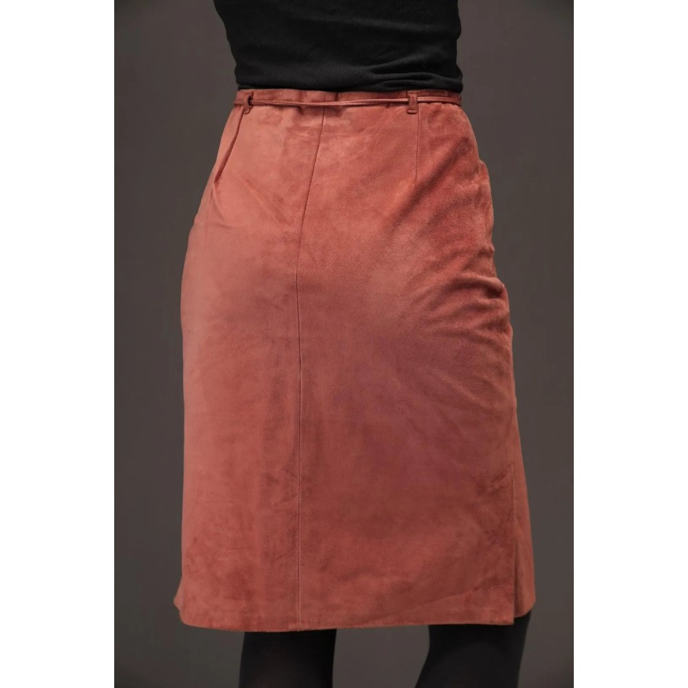 Rose Brown Suede Midi Skirt Minimal Tie-Waist Elegance