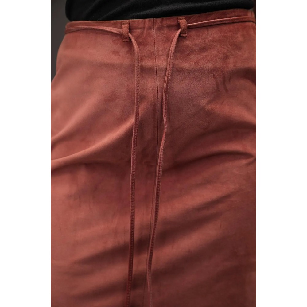 Rose Brown Suede Midi Skirt Minimal Tie-Waist Elegance