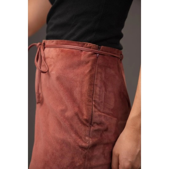 Rose Brown Suede Midi Skirt Minimal Tie-Waist Elegance