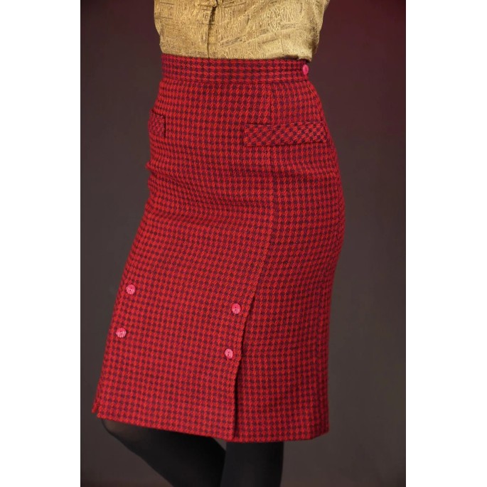 Red Houndstooth Pencil Skirt Bold Vintage Glam