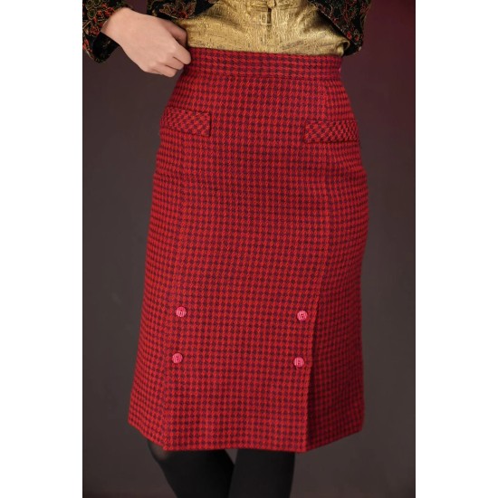 Red Houndstooth Pencil Skirt Bold Vintage Glam