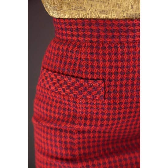 Red Houndstooth Pencil Skirt Bold Vintage Glam