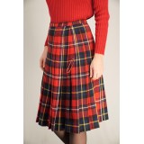 Red Tartan Pleated Midi Skirt Classic Kilt-Inspired Style