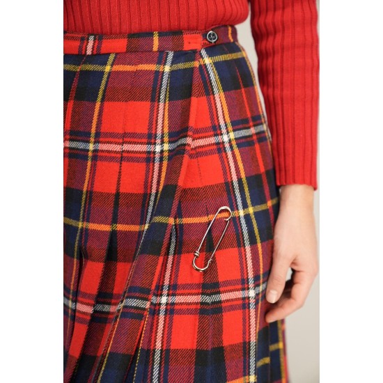 Red Tartan Pleated Midi Skirt Classic Kilt-Inspired Style