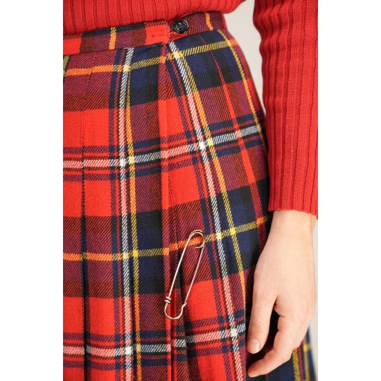 Red Tartan Pleated Midi Skirt Classic Kilt-Inspired Style
