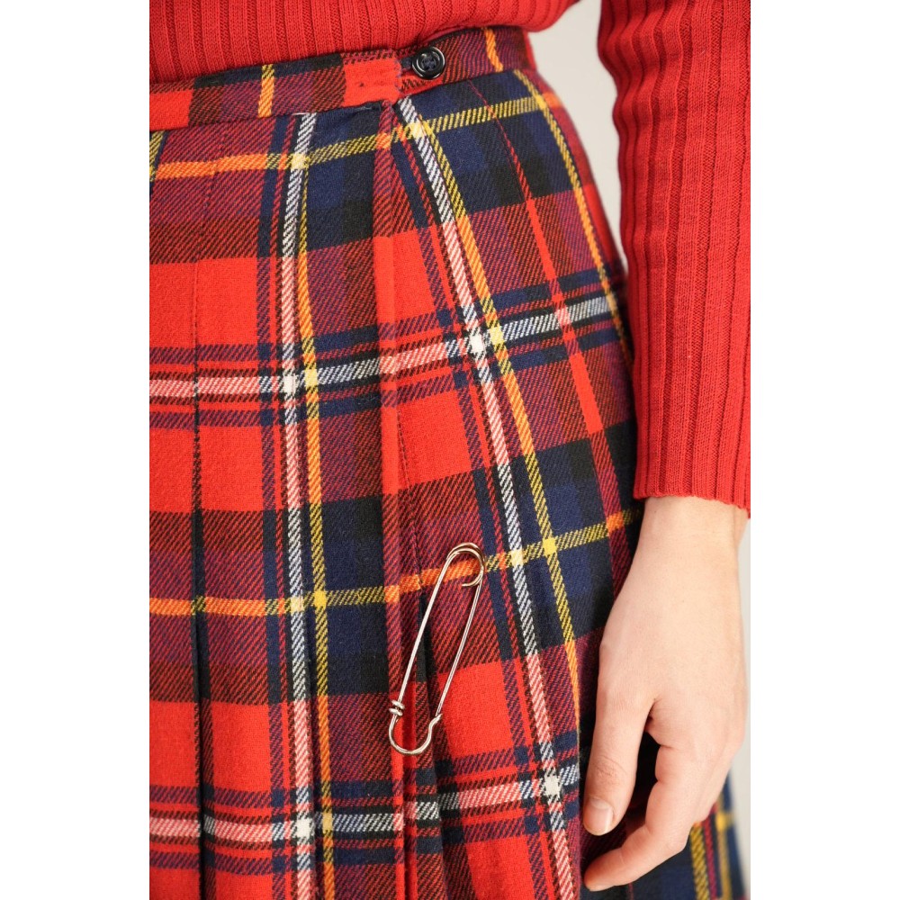 Red Tartan Pleated Midi Skirt Classic Kilt-Inspired Style