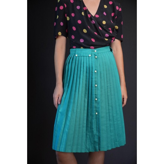 Teal Button-Front Pleated Midi Skirt Fresh Retro Flair
