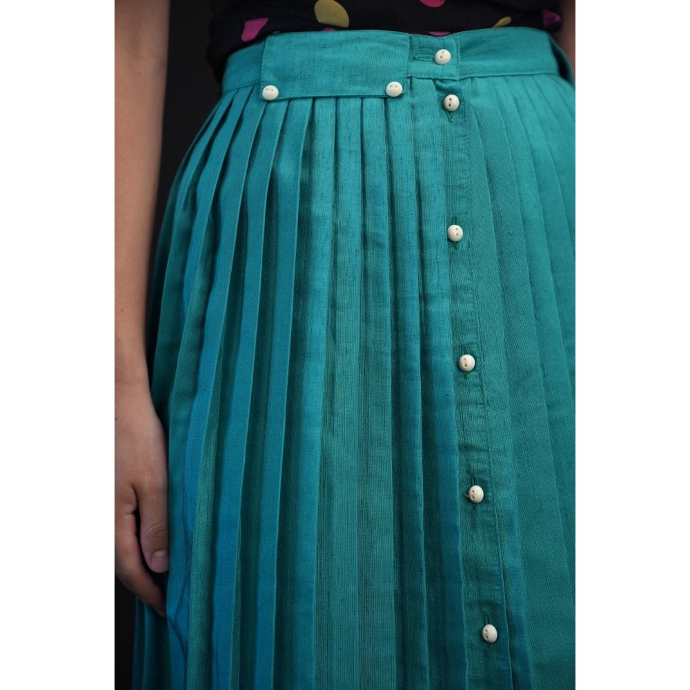 Teal Button-Front Pleated Midi Skirt Fresh Retro Flair