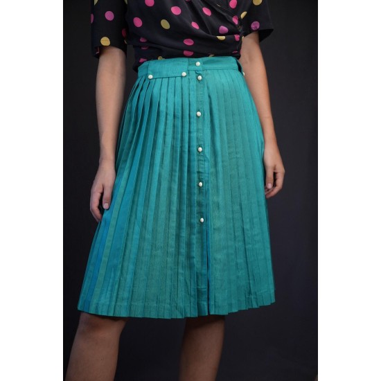 Teal Button-Front Pleated Midi Skirt Fresh Retro Flair