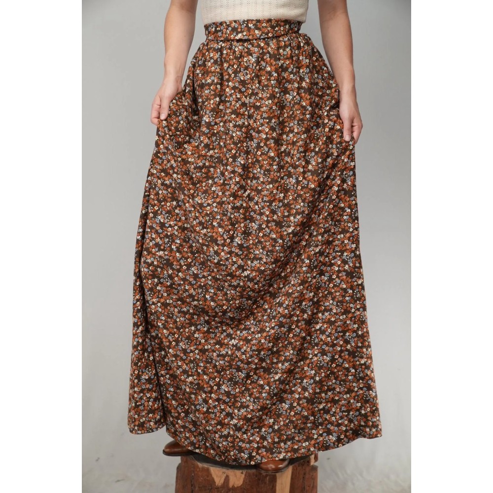Brown Ditsy Floral Maxi Skirt Boho Everyday Flow