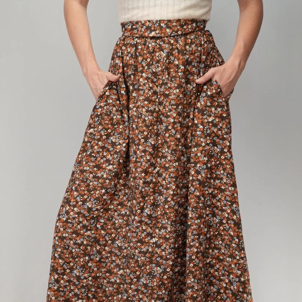Brown Ditsy Floral Maxi Skirt Boho Everyday Flow