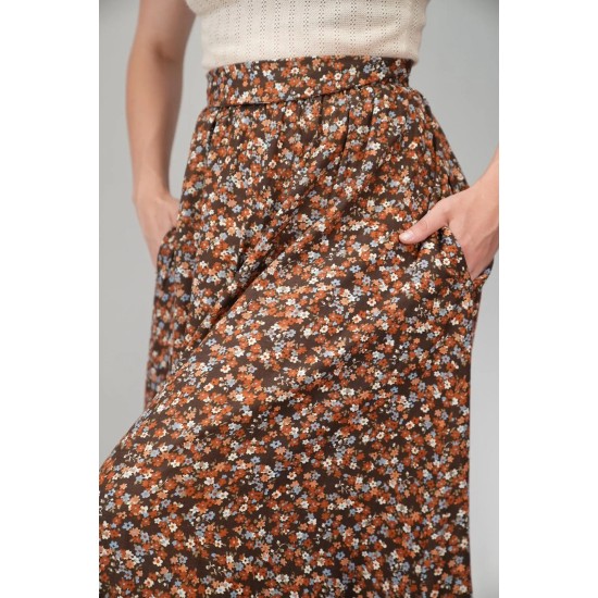 Brown Ditsy Floral Maxi Skirt Boho Everyday Flow