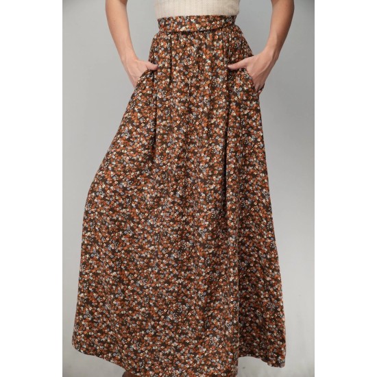 Brown Ditsy Floral Maxi Skirt Boho Everyday Flow