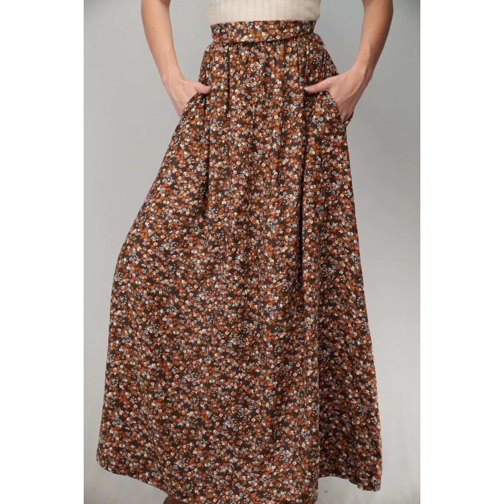 Brown Ditsy Floral Maxi Skirt Boho Everyday Flow