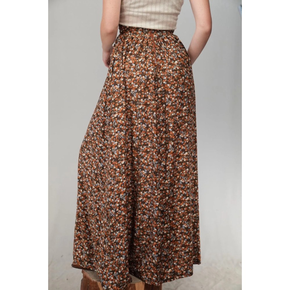 Brown Ditsy Floral Maxi Skirt Boho Everyday Flow