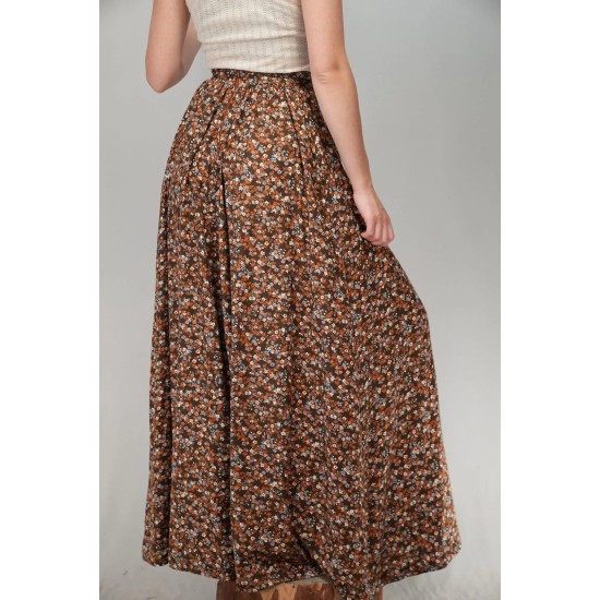 Brown Ditsy Floral Maxi Skirt Boho Everyday Flow