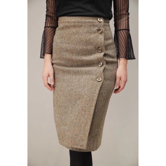 Herringbone Wrap-Front Wool Skirt Classic Tailored Midi
