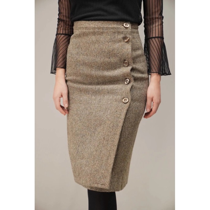Herringbone Wrap-Front Wool Skirt Classic Tailored Midi