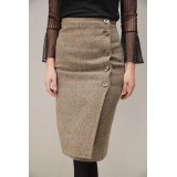 Herringbone Wrap-Front Wool Skirt Classic Tailored Midi