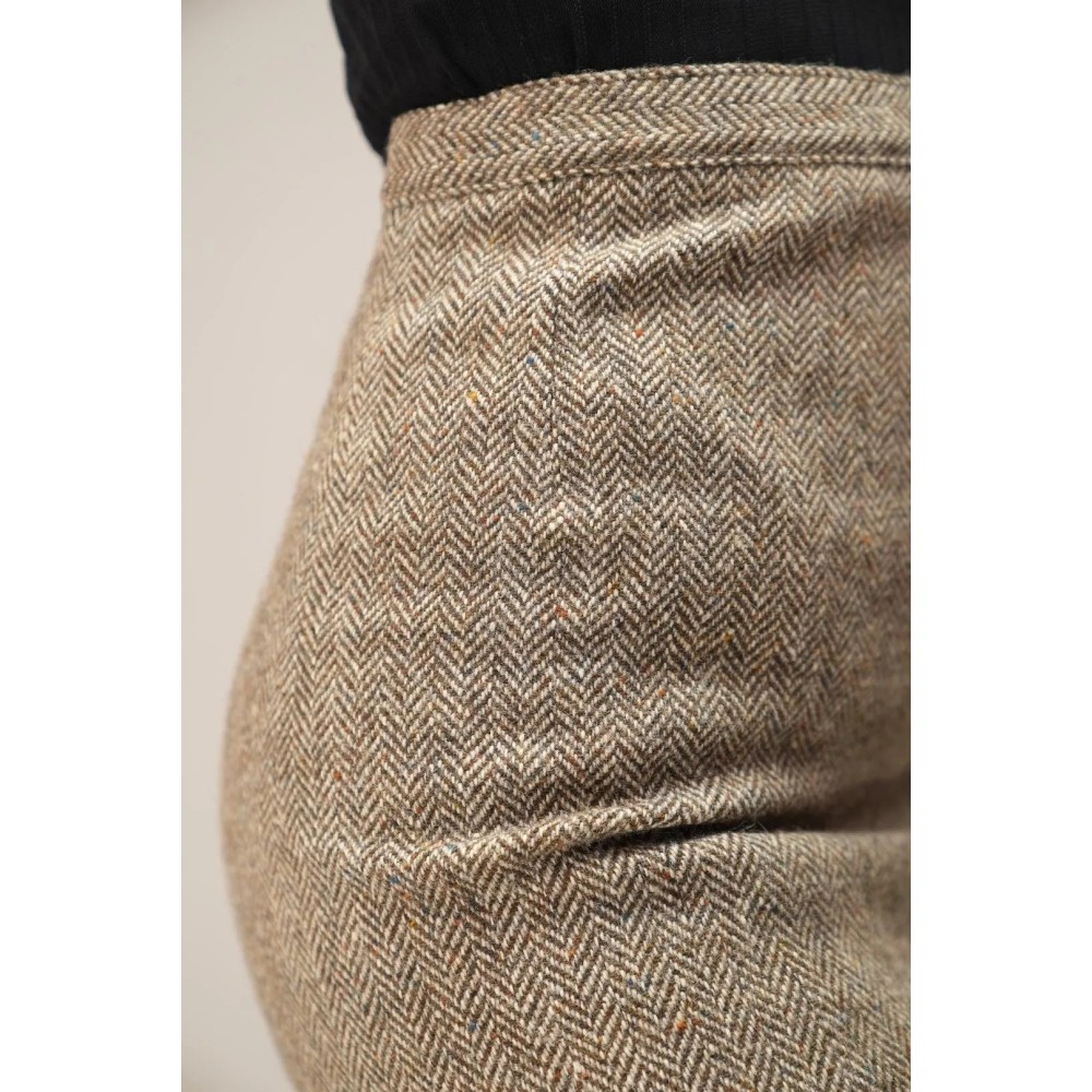 Herringbone Wrap-Front Wool Skirt Classic Tailored Midi