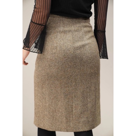 Herringbone Wrap-Front Wool Skirt Classic Tailored Midi