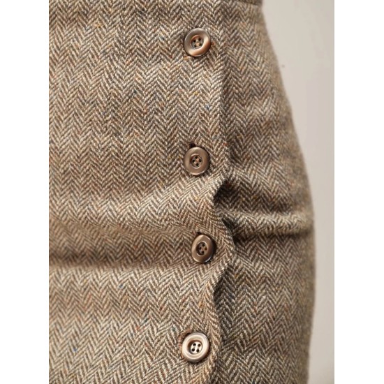 Herringbone Wrap-Front Wool Skirt Classic Tailored Midi