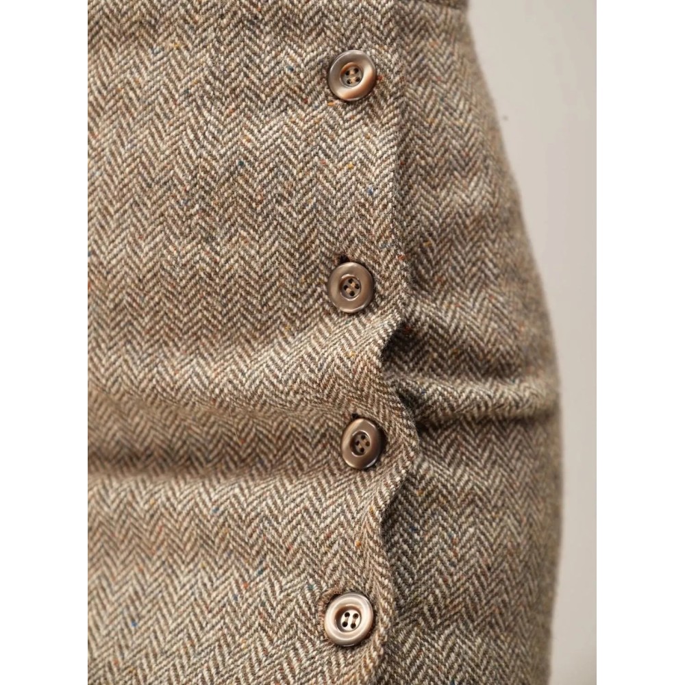 Herringbone Wrap-Front Wool Skirt Classic Tailored Midi