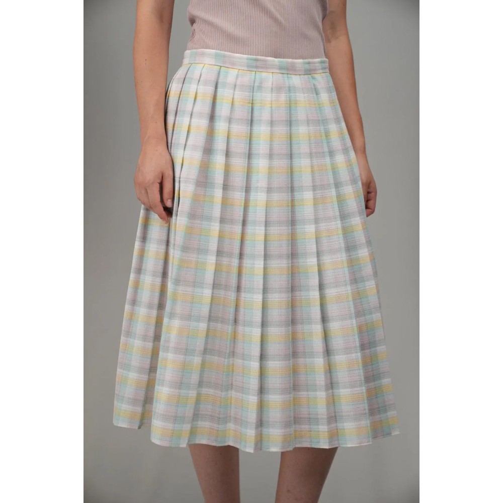 Pastel Plaid Pleated Midi Skirt Soft Spring Vintage