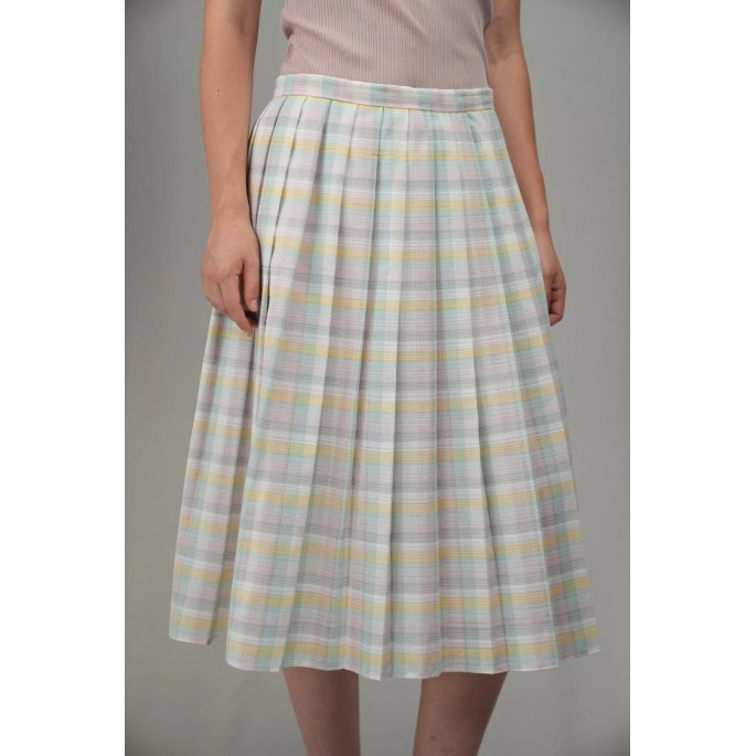Pastel Plaid Pleated Midi Skirt Soft Spring Vintage